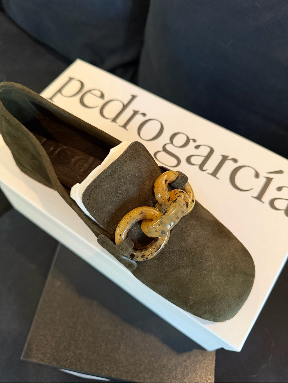 Pedro Garcia Olive Suede Women’s Slip-On Loafer with Tortoiseshell Chain